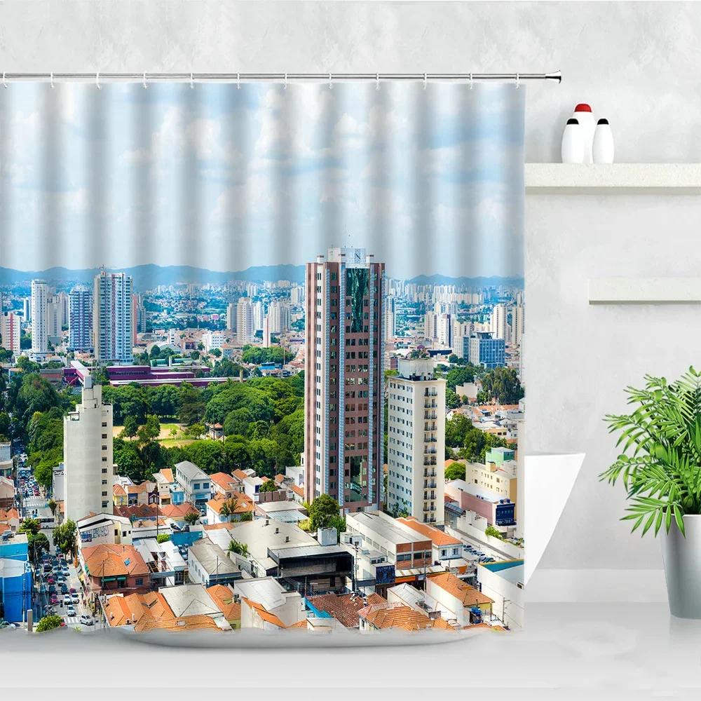 

Пейзажи американского города Печать Занавески для душа Нью-Йорк Современное здание Иллюстрация Занавески для ванной Домашний декор Экран с крючками W90xH180cm