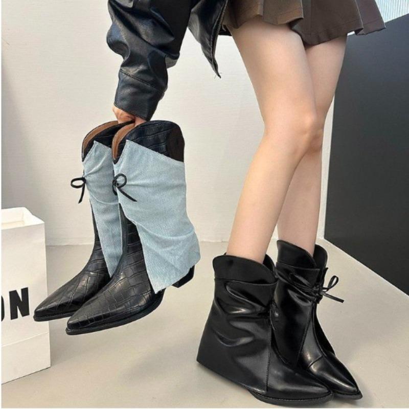 Fashion New Fashion Style Women's Cowboy Boots Pointed Toe Thick Heel Female Luxury Short Boots Large Size Bow Trouser Boots for Women