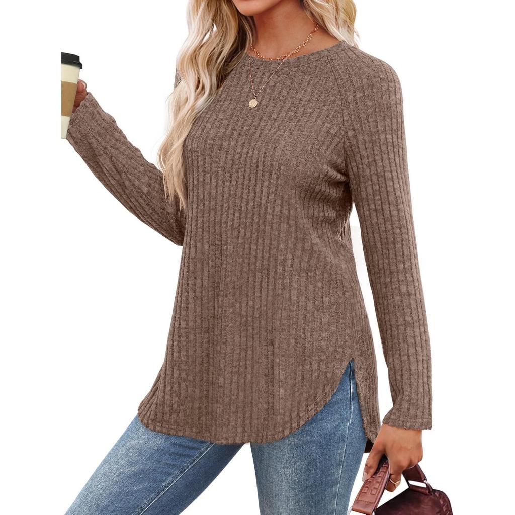 Women's Autumn New Loose Round Neck High and Low Curved Hem Top