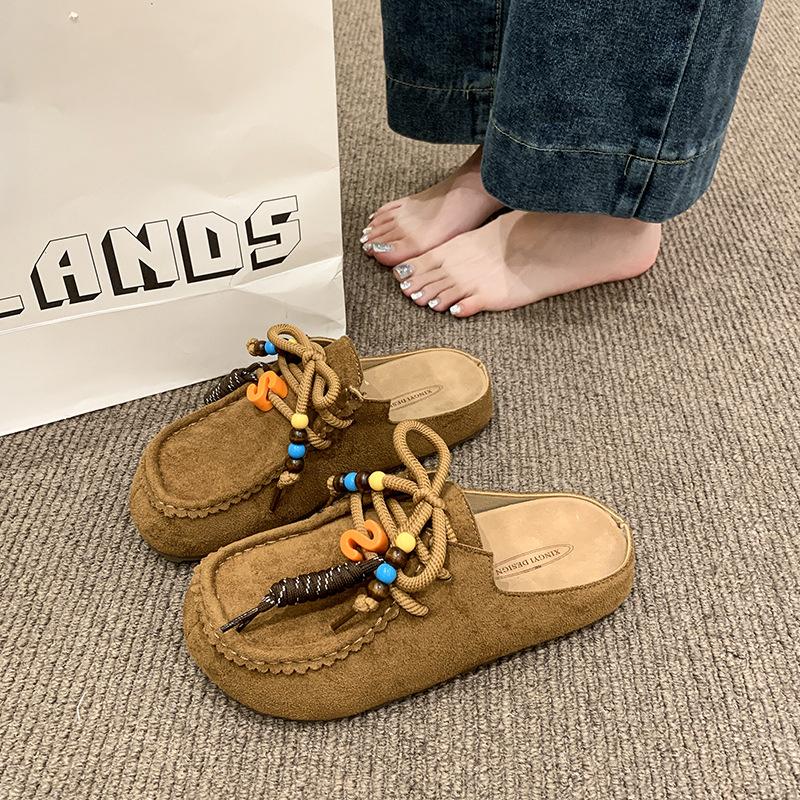 Retro baotou half slippers women's new thick-soled heightening one-pedal literary versatile shoes