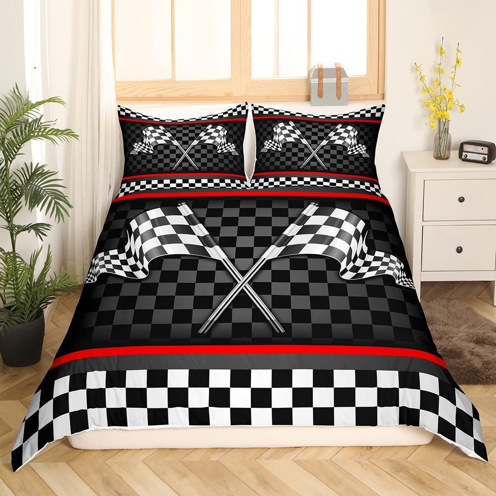 Checkered Flag Duvet Cover Sets for Teens Adults Queen Lightweight Quilt Covers Racing Themed Bedding Set Bedroom Decor No Quilt