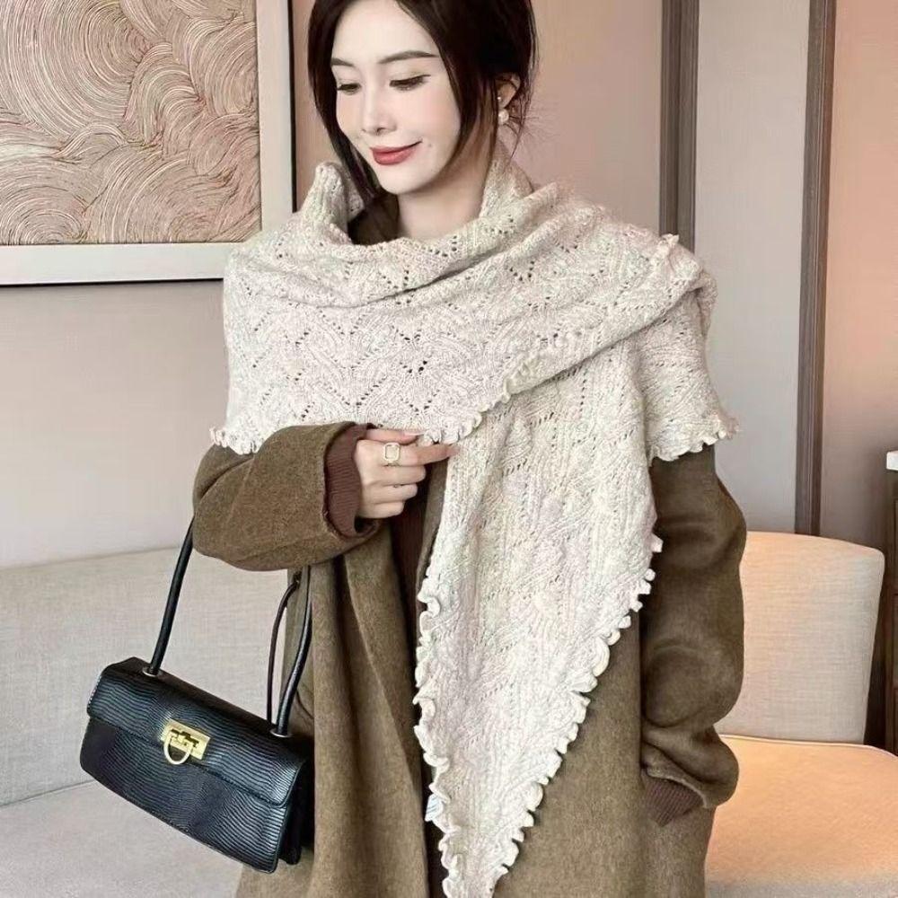Thickened Widen Shawl Wrap Ruffled Edge Winter Scarf Knitting Triangle Scarf Casual Outfit