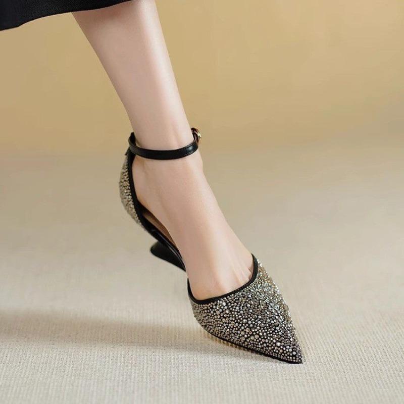 Hollow Rhinestone Baotou One Strap High Heels Summer Pointed Toe Shallow Mouth Special Heel Sandals