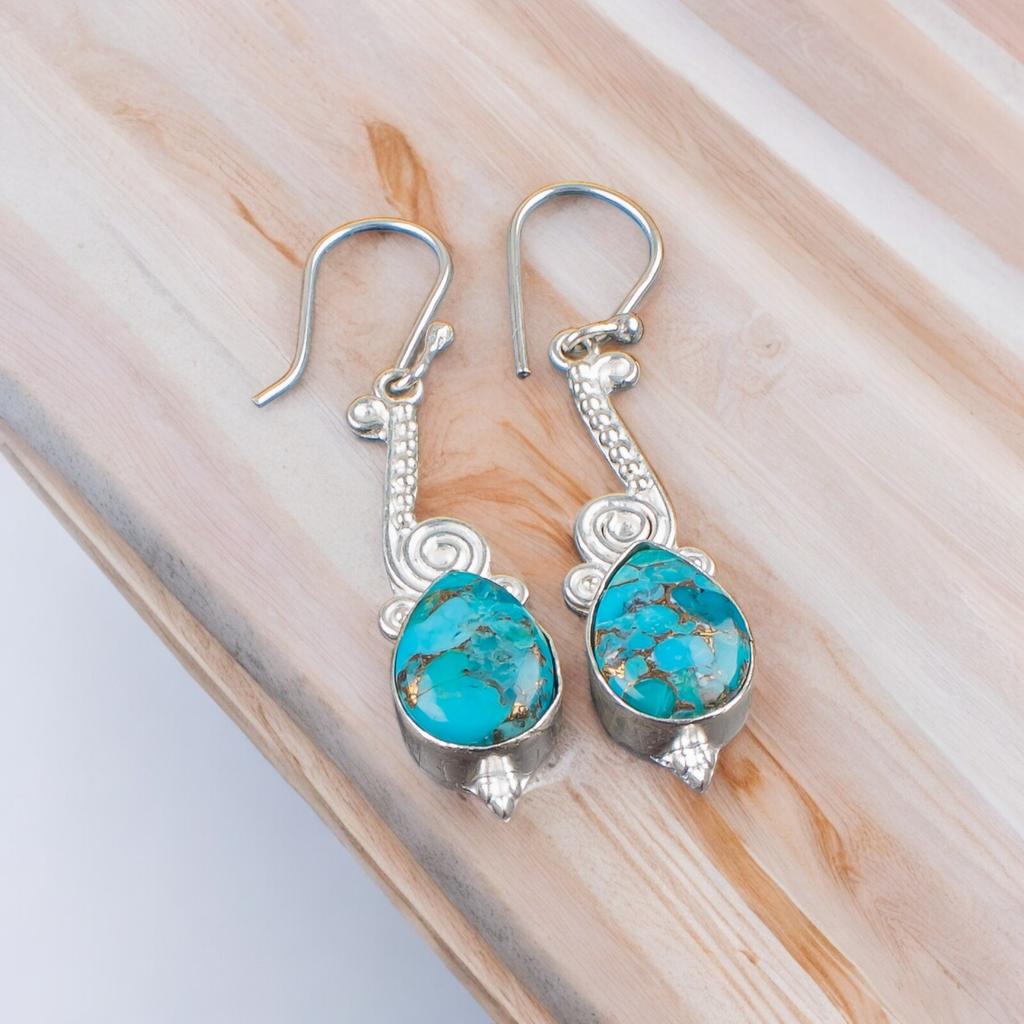 Real Blue Copper Turquoise Gemstone 925 Sterling Silver Lovely  Jewelry Earrings EE-37-35