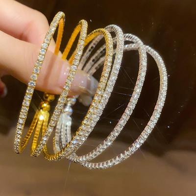 Rhinestone Geometric Multi-Layer Open Bangle - Exquisite High-End Fashion Bracelet