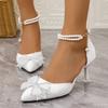 Fashion New High Heel Girl Wedding Shoes 2025 Summer New Bow Pearl Chain Bridesmaid with Skirt French Pointed Toe Single Shoes