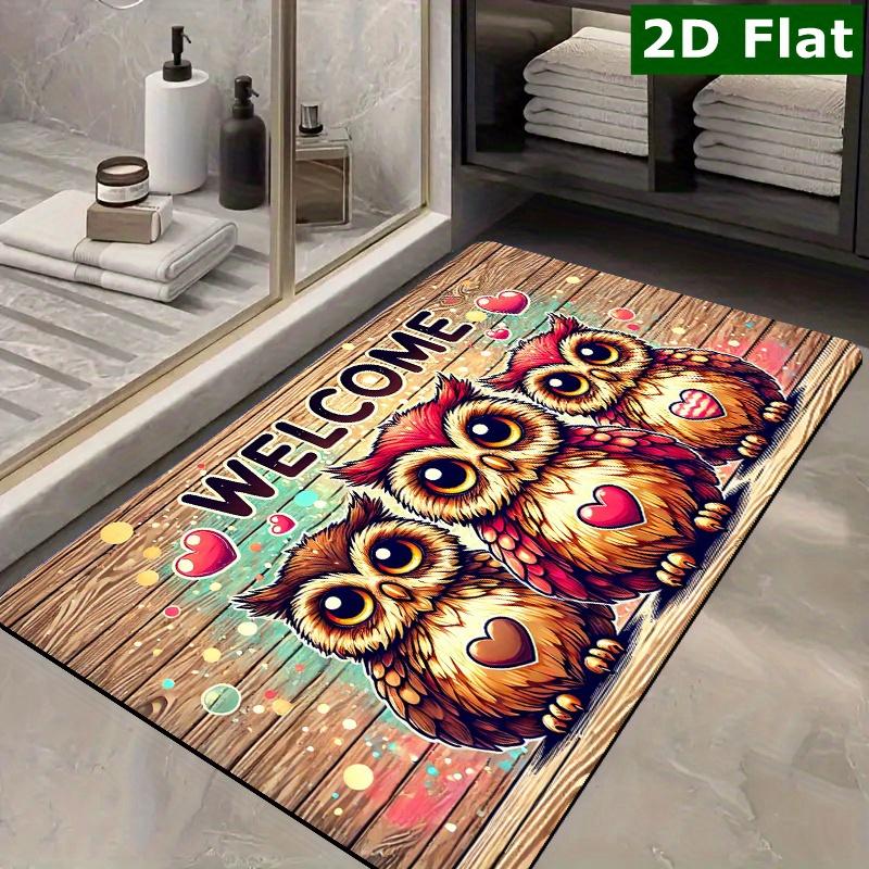 2D Flat Welcome Owls Wood Grain Background Flannel Door Mat Non Slip Cute Animal Rug For Entryway Kids Room Floor