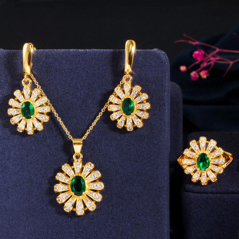 

Ki0098 Exquisite Bridesmaid Dinner Set Full Of Zircon Flower Earrings Pendant Ring Three-Piece Set 6