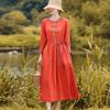Retro Literary Cotton Linen Waist-Cinched Dress for Women - 2026 Spring/Autumn Mid-Length Long Sleeve Skirt