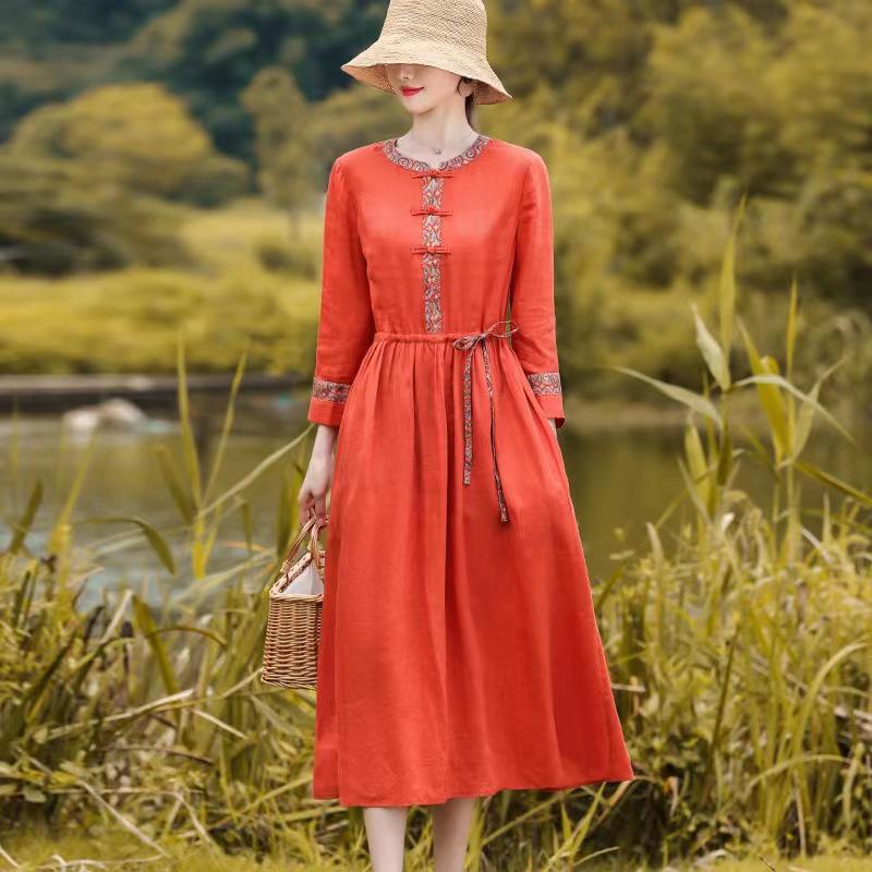 Retro Literary Cotton Linen Waist-Cinched Dress for Women - 2026 Spring/Autumn Mid-Length Long Sleeve Skirt