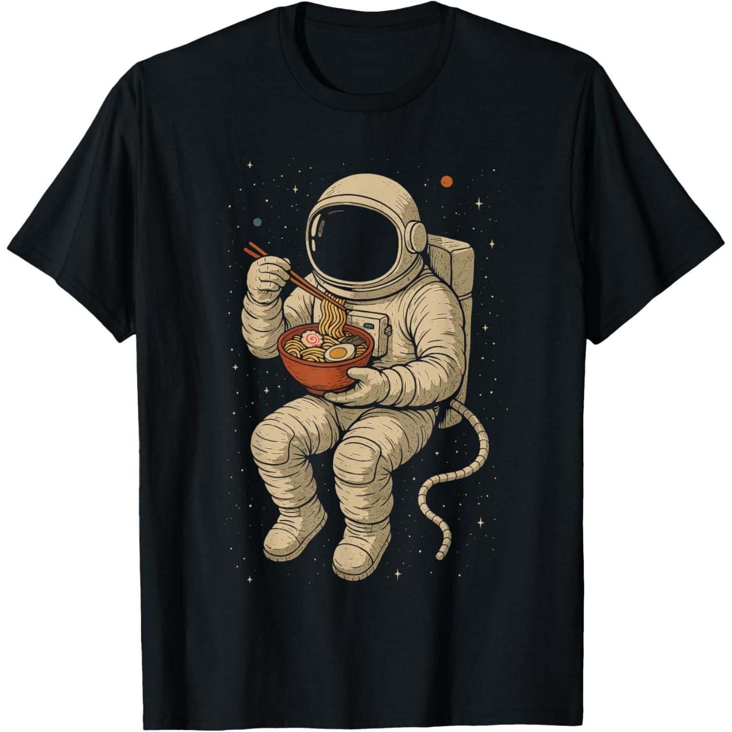 Astronaut Eating Ramen Graphic Tee Funny Space Food Print Casual Men s T-Shirt S