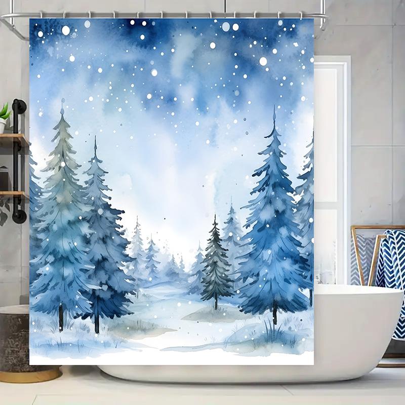 

Watercolor Blue Forest Trees Shower Curtain Waterproof Decoration for Bathroom Winter Wonderland Theme Bath Mat Set with Hook Ri 90x180cm