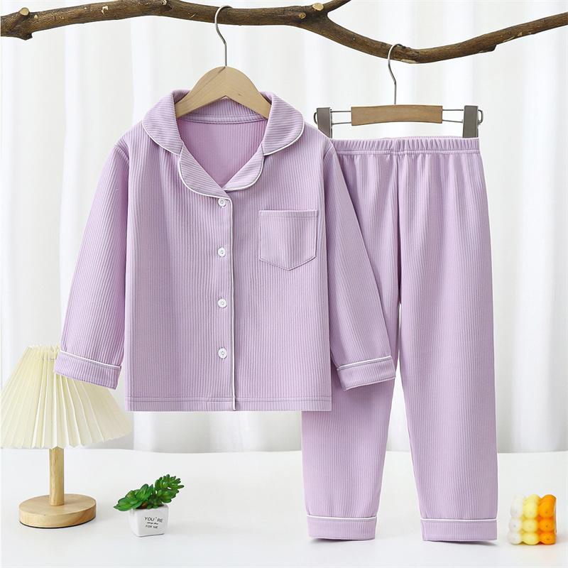Automne 2026 Combinaisons Sous-vêtements Velours Couleur Unie pour Enfants Bébé Printemps Revers Manches Longues Pantalon Ensemble Pyjama Enfants Poche Vêtements de Maison Combinaison pour Fille Garçon