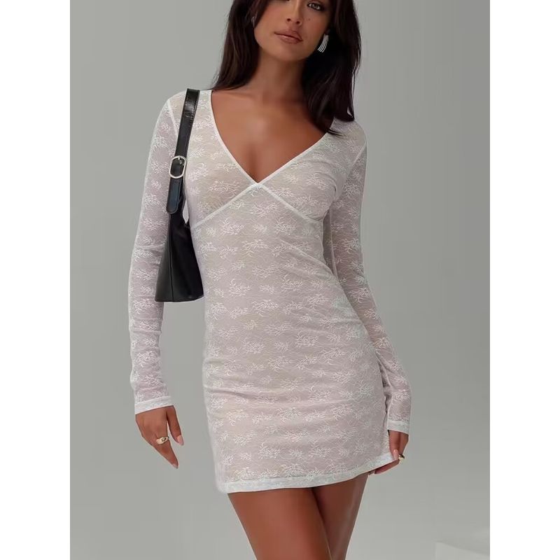 Princess Figure American Sexy Sexy White V-Collar Lace Long Sleeves Silm Hip Bag Holiday Dress