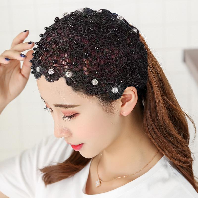 Beaded Headband: Women's Hollow Breathable Lace Wide-Brim Headscarf & Forehead Protector Hair Tie.