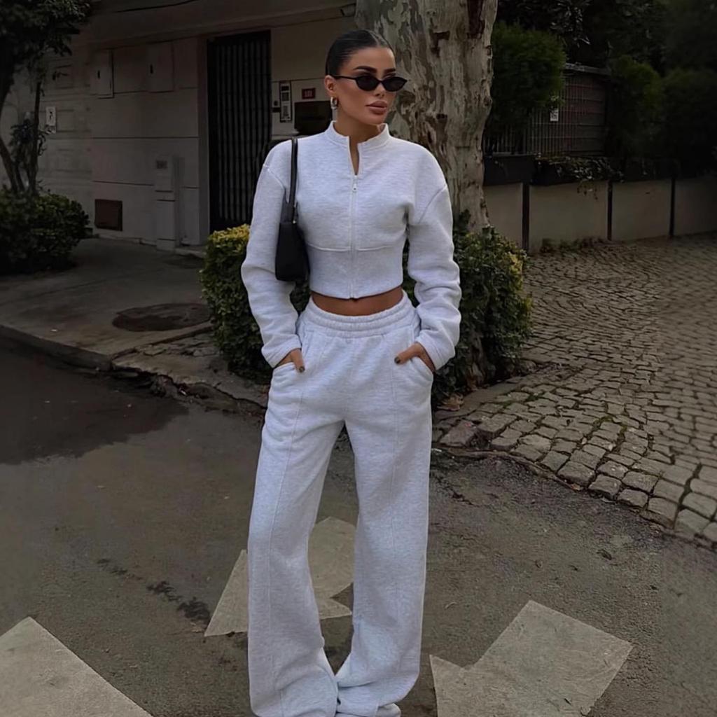 European Casual Women's Sexy Zipper Cardigan & Lace-Up Pants Set - Spring/Autumn Wear