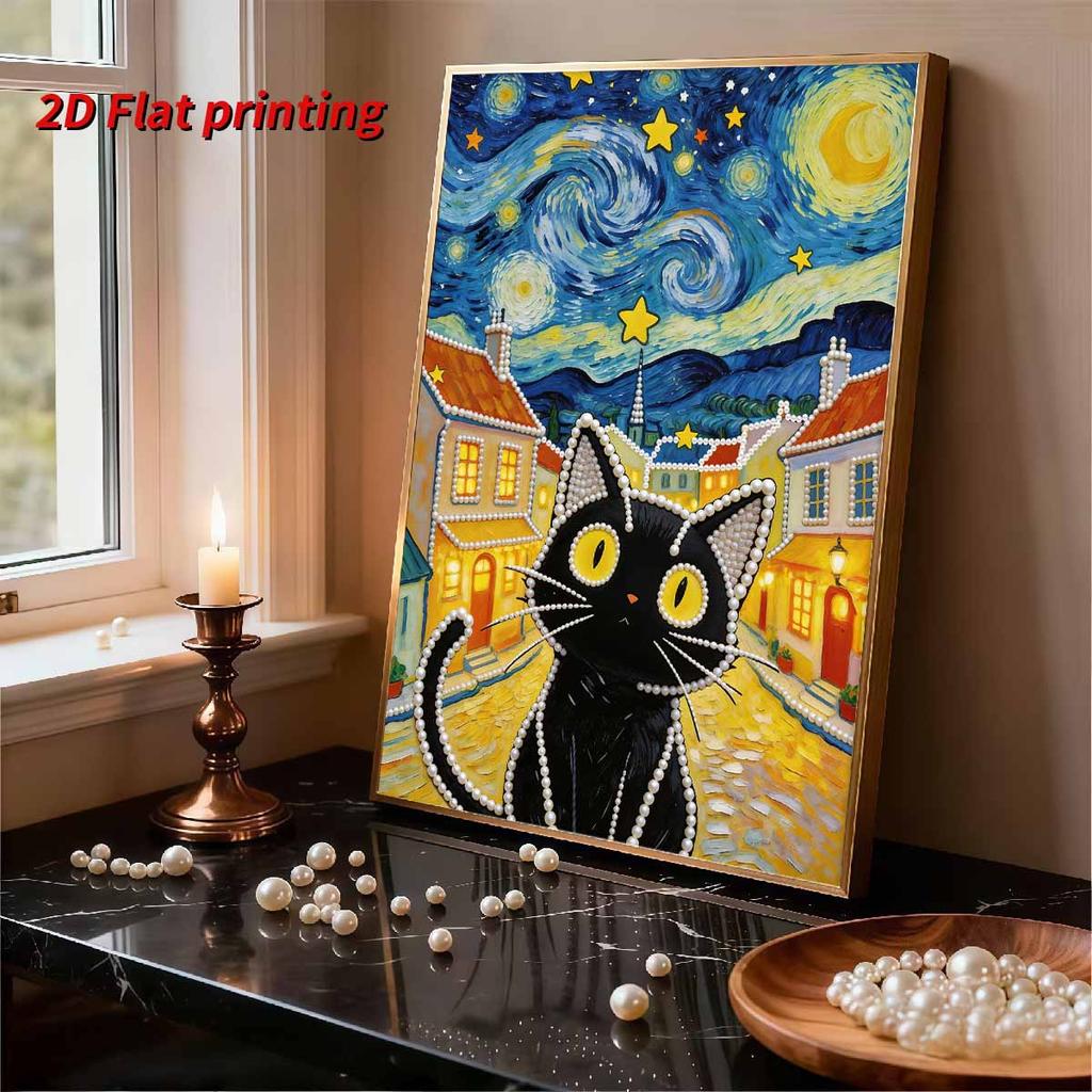 DIY Starry Night Cat Pearl Art Painting for Adults/Beginners Gift Home Decor Pearl Gem Paintings Picture Arts Craft 30x40cm Without Frame