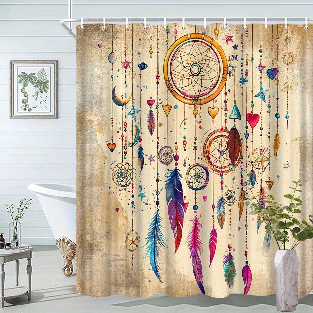 1pc Dreamcatcher Pattern Shower Curtain with Indian Feather Design for Bathroom Decor Polyester Fabric Includes 12 Hooks W90xH180cm