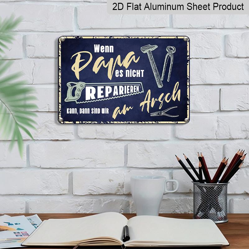 2D Flat, 1pc "Wenn Papa Es Nicht Reparieren Kann" Funny German Aluminum Sign, 12"×8" - Retro Blue Tool Design - Aluminium Wall Hanging for Garage