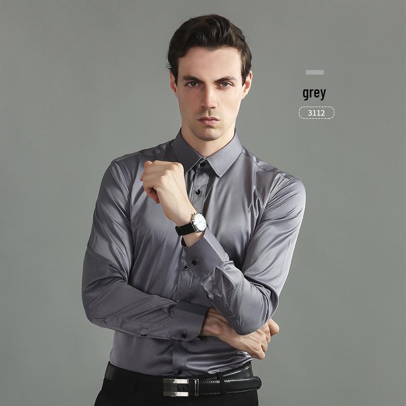 Men's Korean Style Slim Fit Solid Color Iron-Free Stretch Breathable Business Casual Long Sleeve White Shirt.