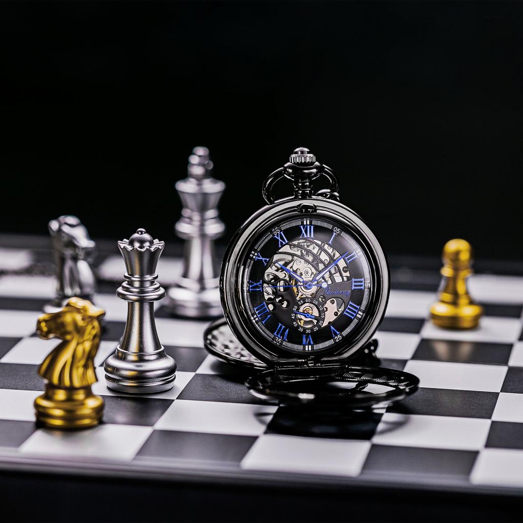 TREEWETO Mechanical Pocket Antique Ladder Skeleton Roman Double with Chain Watch, Case, Design, Numerals, Black, Hunter,