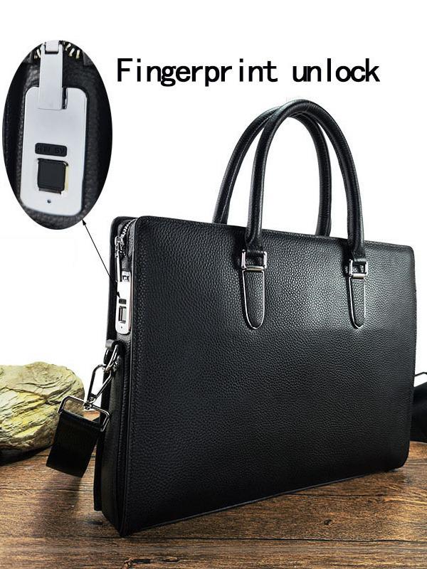 Men's High-End Genuine Leather Briefcase with Anti-Theft Fingerprint Lock - Single Shoulder Crossbody Business Handbag