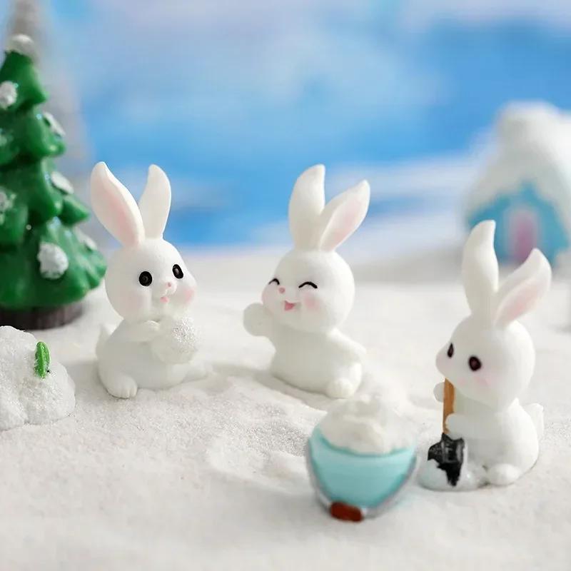Figurines Christmas Rabbit Micro Landscape Snowman Bunny Ornament Desk Accessories For Home Decoration Kids Gifts Miniature
