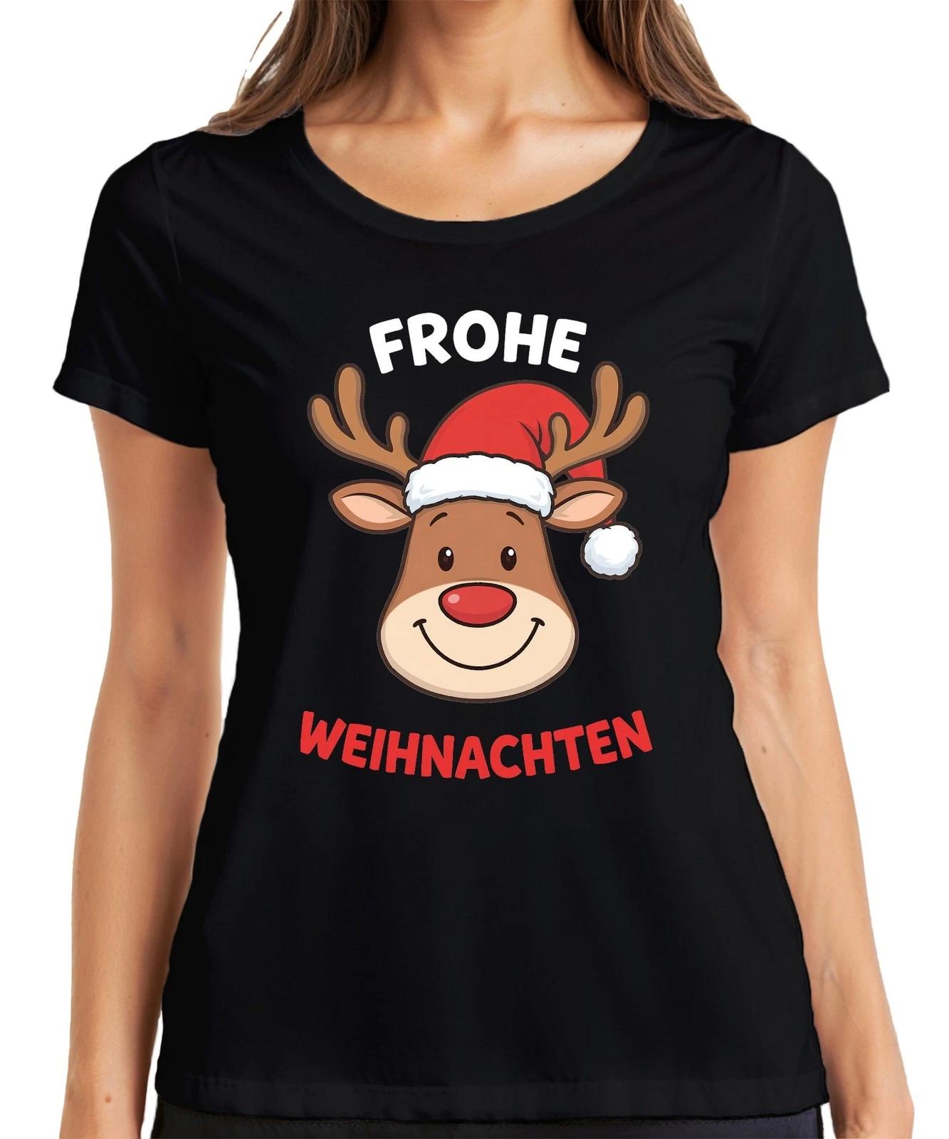 FROHE WEIHNACHTEN Rentier Weihnachtsmütze Cartoon Lustig Kinder Damen T-Shirt XL
