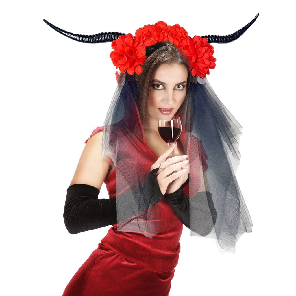 Devil Horn Flower Headband with Veil Cosplay Costume Hairband Dark Series Hairhoop Day of the Death Hairband for Women