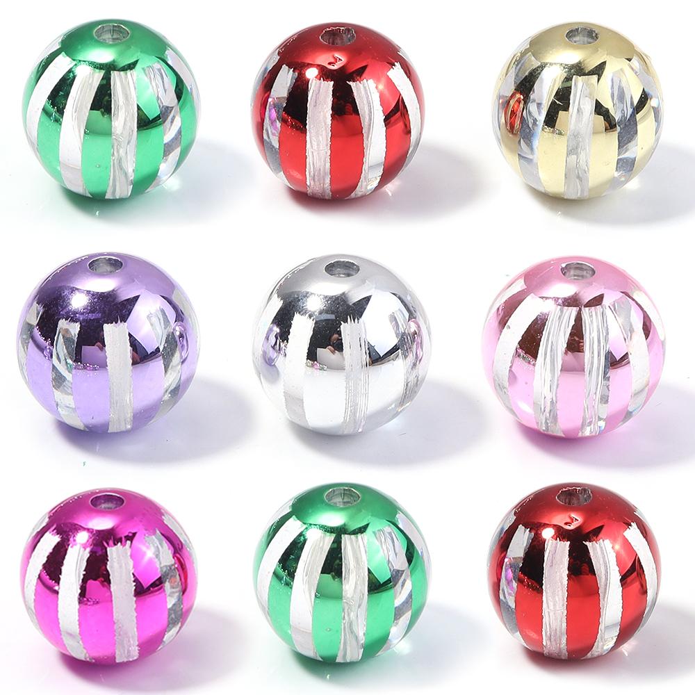10pcs 16mm Christmas Acrylic Beads Red Green Watermelon Stripes Round Loose Beads For Jewelry Making DIY Bracelets Necklace