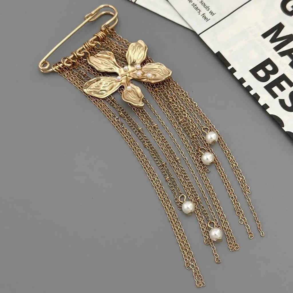 SHIXIN Fashion Metal Flower Pendant Brooch for Women New Charm Multi-Functional Imitation Pearls Tassel Chain Accessory Jewelry