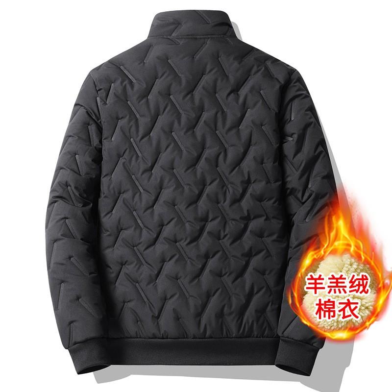 Mens Winter Fleece Lined Cotton Jacket Loose Stand Collar Warm Coat Solid Color Casual Outerwear