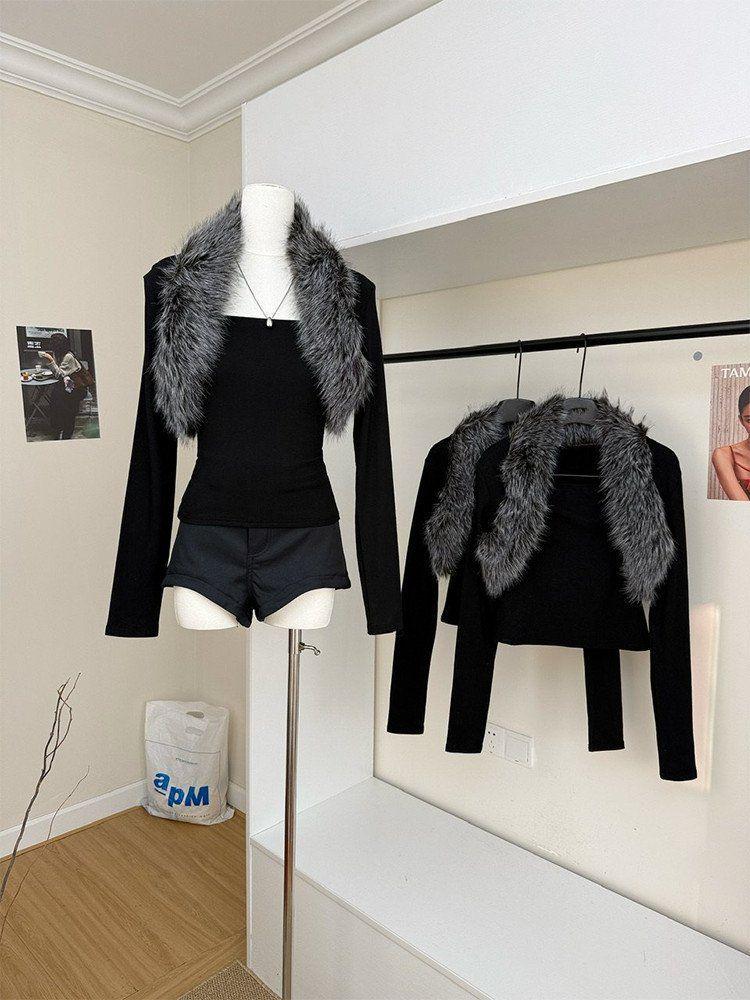 Black Fur Spicy Girl Long Sleeve Cardigan - Women's Autumn/Winter Slim Fit Crop Top with Sexy Design