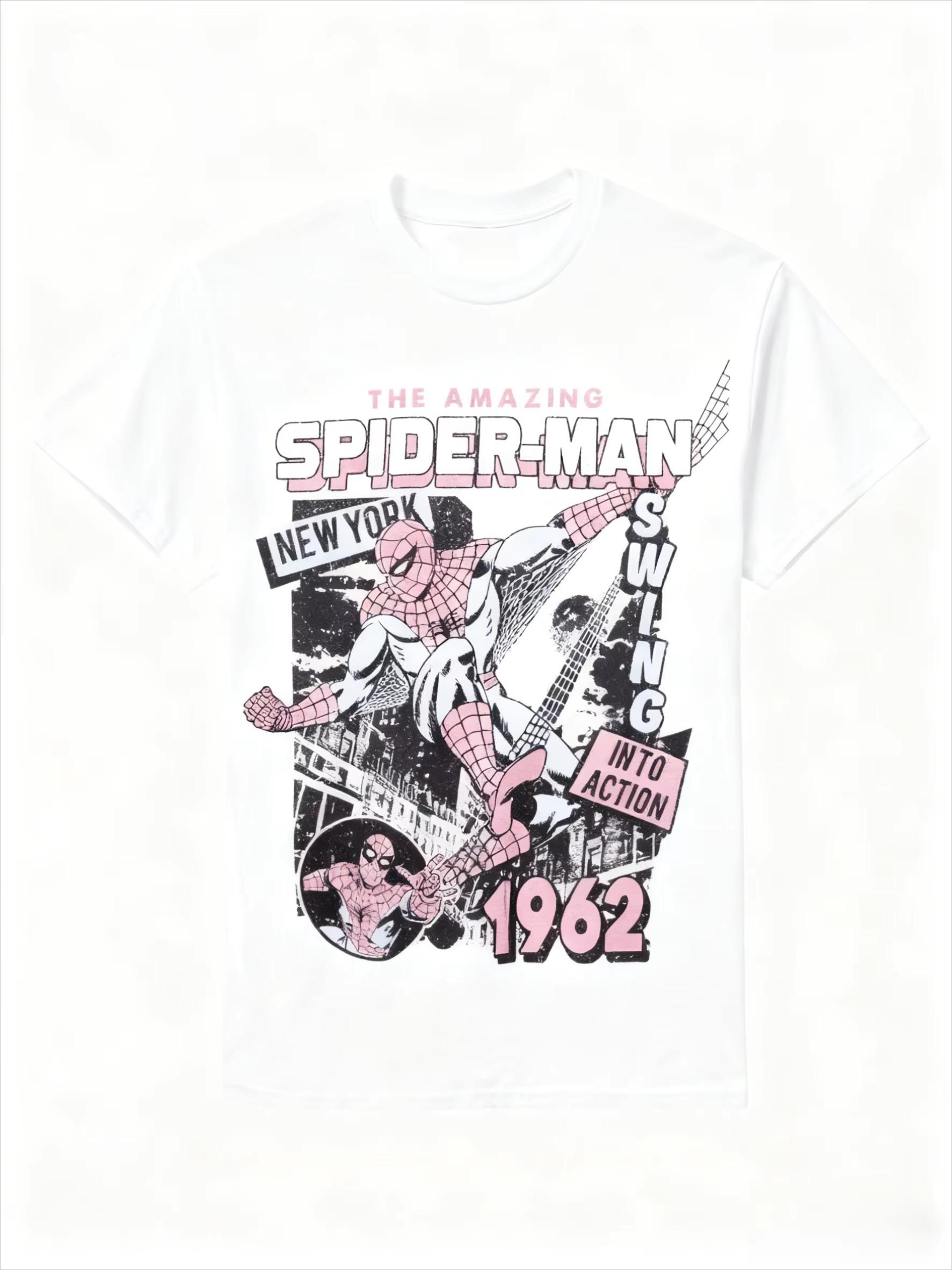 

Marvel Genuine 2026 New Marvel Amazing SpiderMan Pink Comic Print Plus Size Mens Short Sleeve Loose Crew Neck TShirt soft M