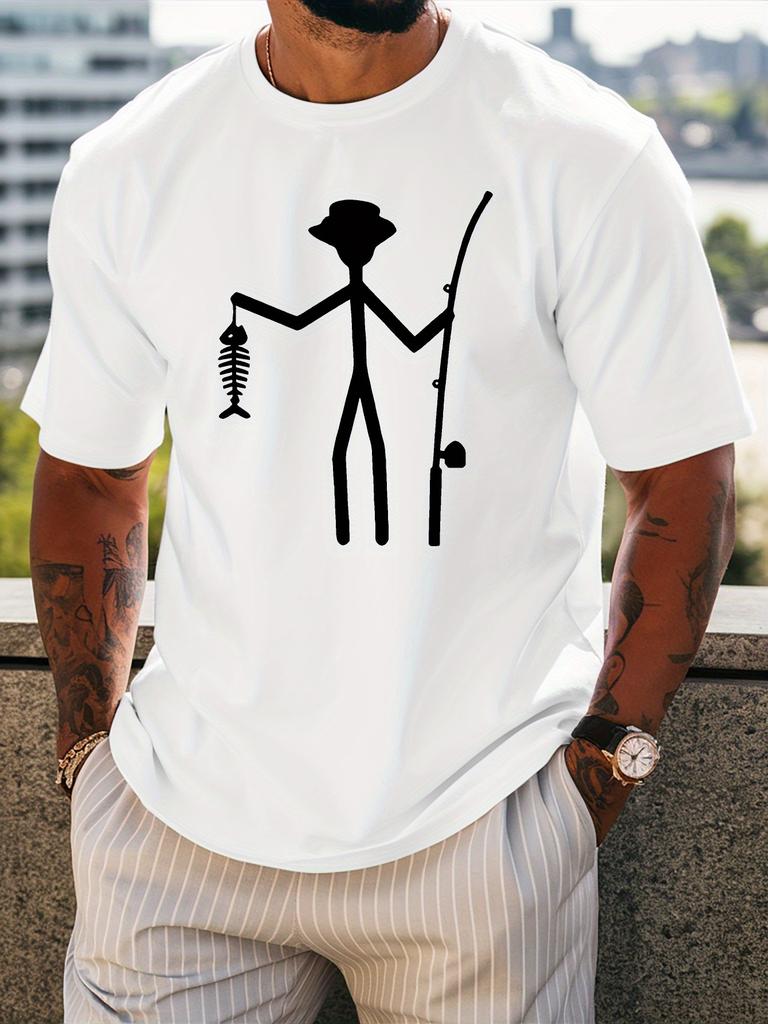 Unisex Beige Tee Stick Figure Fisherunisex Fishing Fish Bone Graphic Print Crew Neck Short Sleeve Summer Casual Male Cotton Street Top