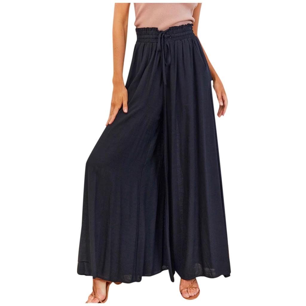 Women's Color Trousers Elastic Belt Wide Leg High Waist Long Culottes