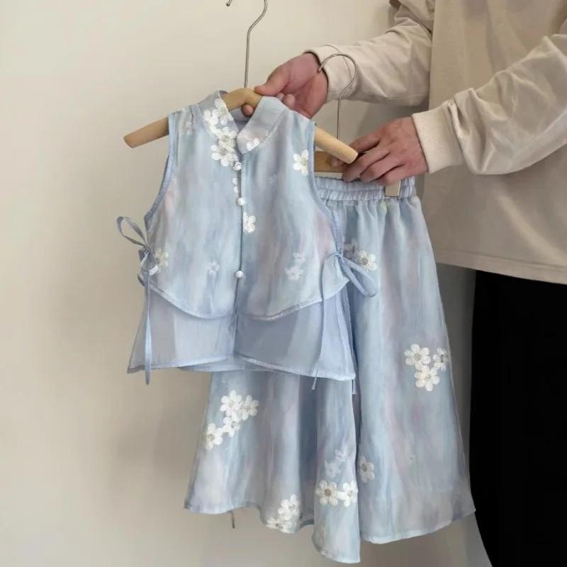 Summer Girls  Set with Embroidered Flower and Nine Fen Mosquito Resistant Wide Leg Pants 100