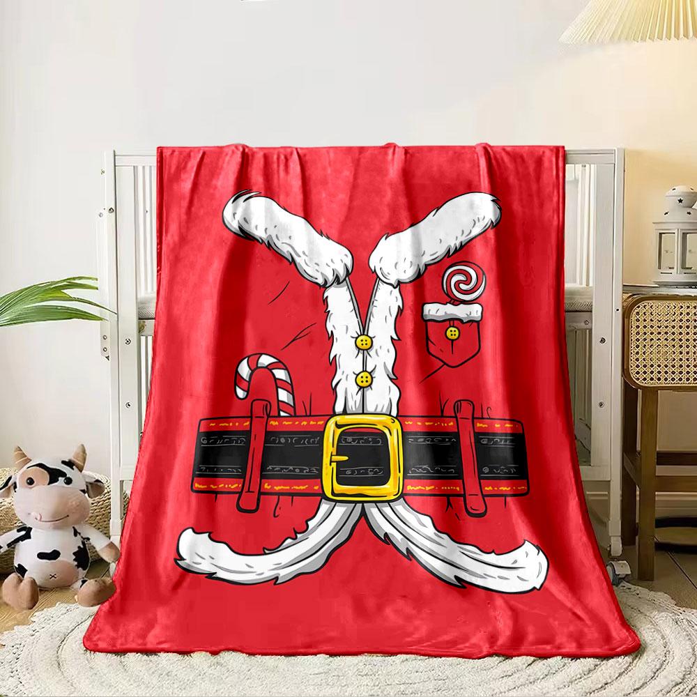 Santa outfit elements with fur, belt, candy cane, and a pocket on red. for all seasons blanket lunch break throw gift 80cm x 120cm