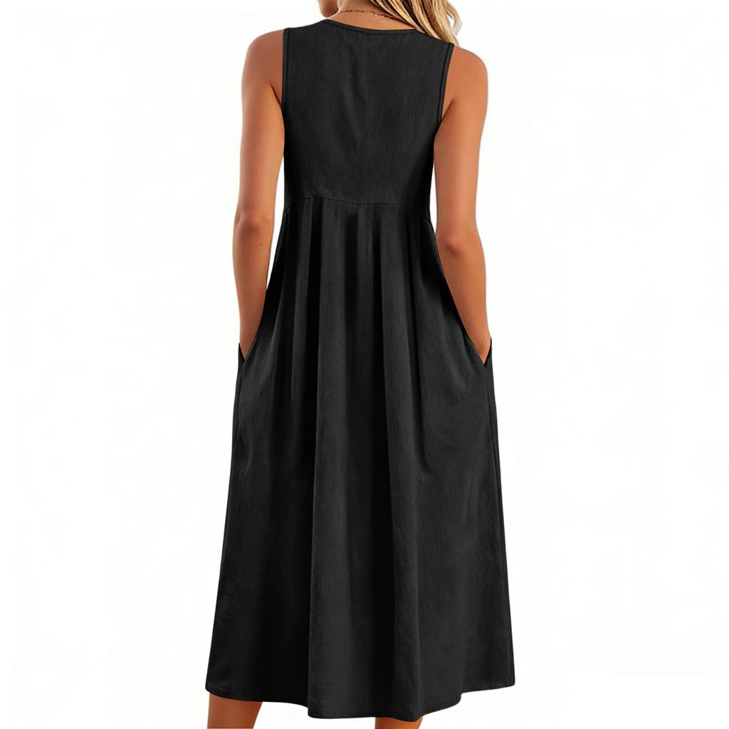 Ladies' Casual Pullover V-neck Sleeveless Cotton And Linen Loose Dress