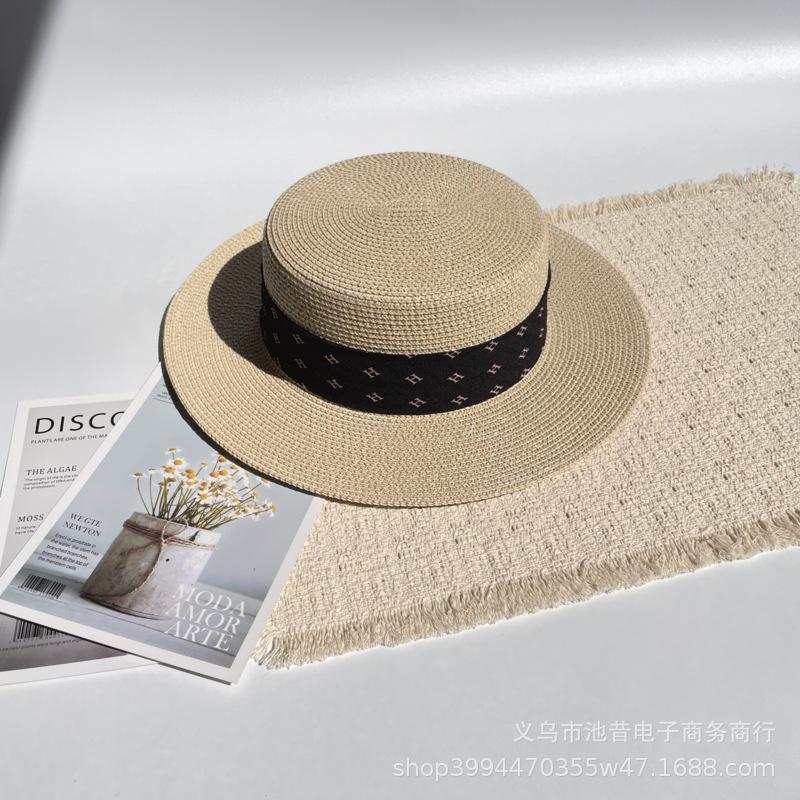 Small fresh letter webbing flat top straw hat female summer seaside photo shoot sun protection shade sand sun hat male