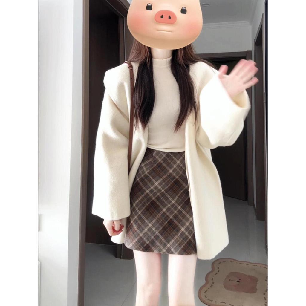Women's High Waist Gray Plaid Woolen A-line Short Skirt - Autumn 2025 Edition
