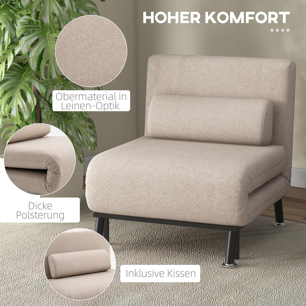 Klappstuhl mit Bettfunktion, Faltbarer Liegestuhl in Leinenoptik, Verstellbare Rückenlehne, 75 x 70 x 75 cm, Beige
