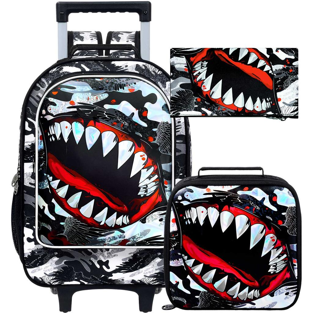 3 PZ Zaino con Ruote a Forma di Squalo per Ragazzi, Zaino Scolastico a Rotelle con Ruote, Zaini con Ruote per Bambini per Scuola Elementare, Scuola dell'Infanzia, Asilo