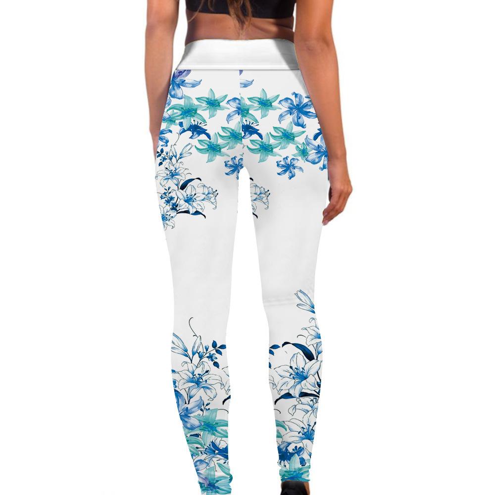 Sportswear Blue Floral Fitness Wear High Stretch Hip Lifting Tight Pants Yoga Wear Women