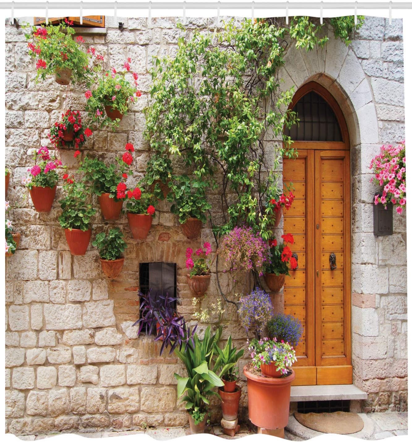 

Шторка для душа Тосканский сад с крючками – Цветы бегонии, Каменная стена и Деревянная дверь, Оранжевый Белый Зеленый Декор Итальянской виллы 90x180cm35x71in