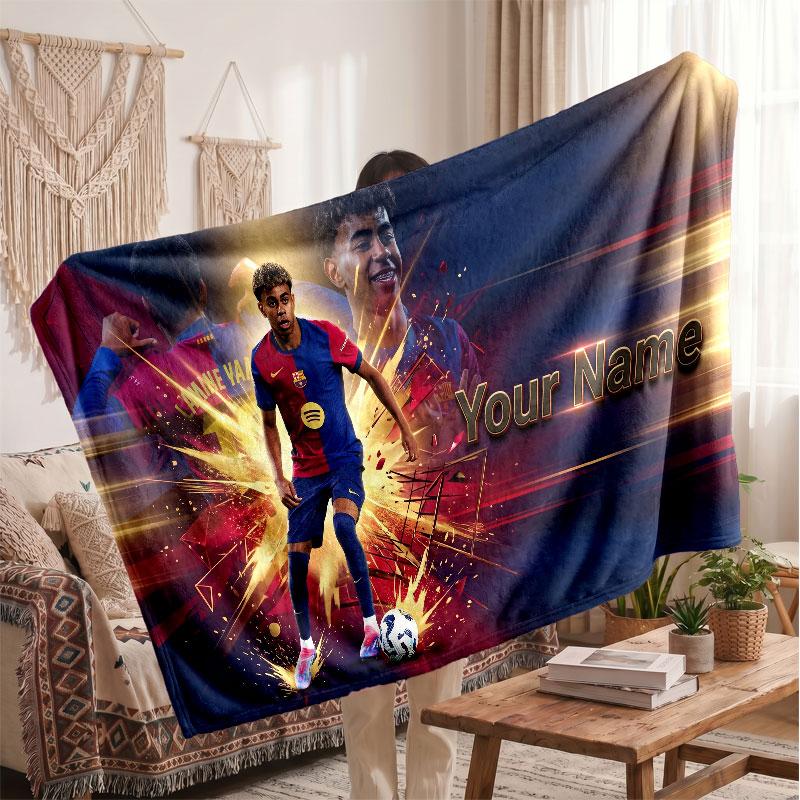 Coperta in pile personalizzata Lamine Yamal con logo del calcio, testo con nome personalizzato, morbida, calda, coperta da divano per la casa