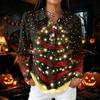 Women's Casual Christmas Print Button Down Long Sleeve Collared Blouse Top with Side Slits