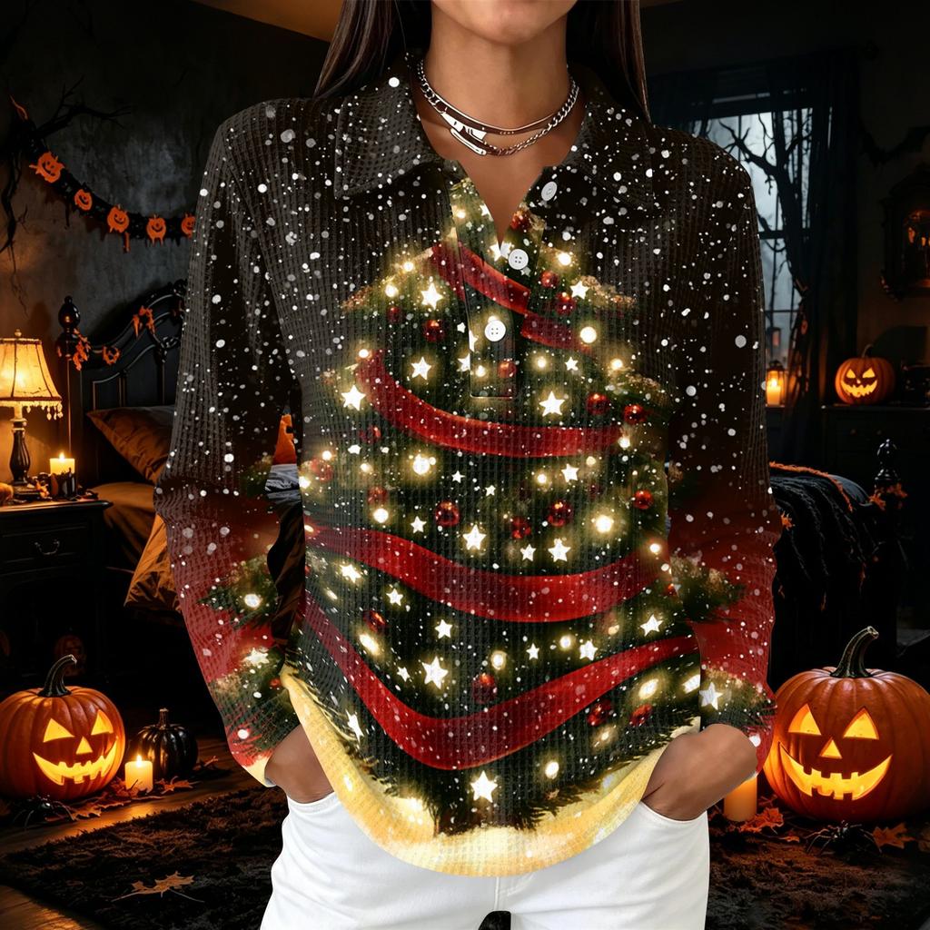 Women's Casual Christmas Print Button Down Long Sleeve Collared Blouse Top with Side Slits