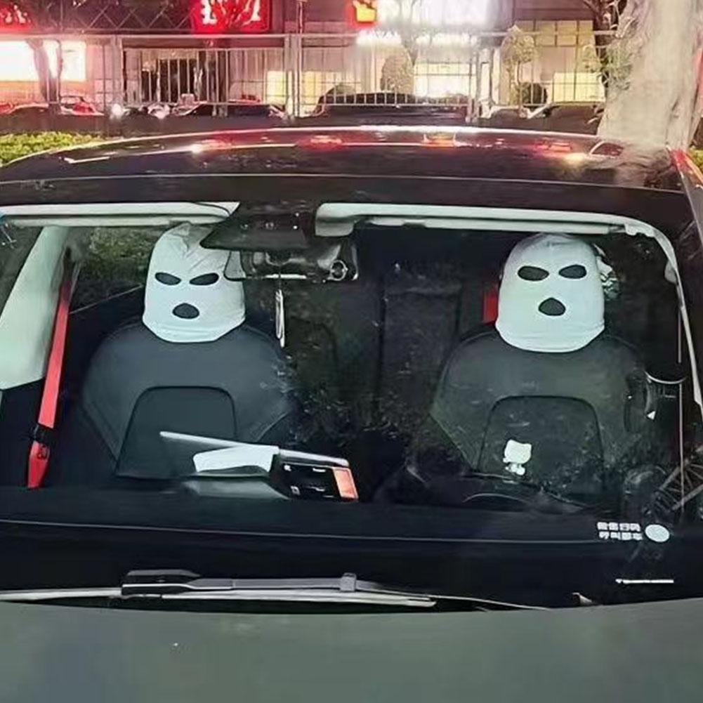 Spoof Car Seat Cover Masked Person Knitted Headgear Halloween Headrest Cover Decoration Car Anti-theft Warning Accessories