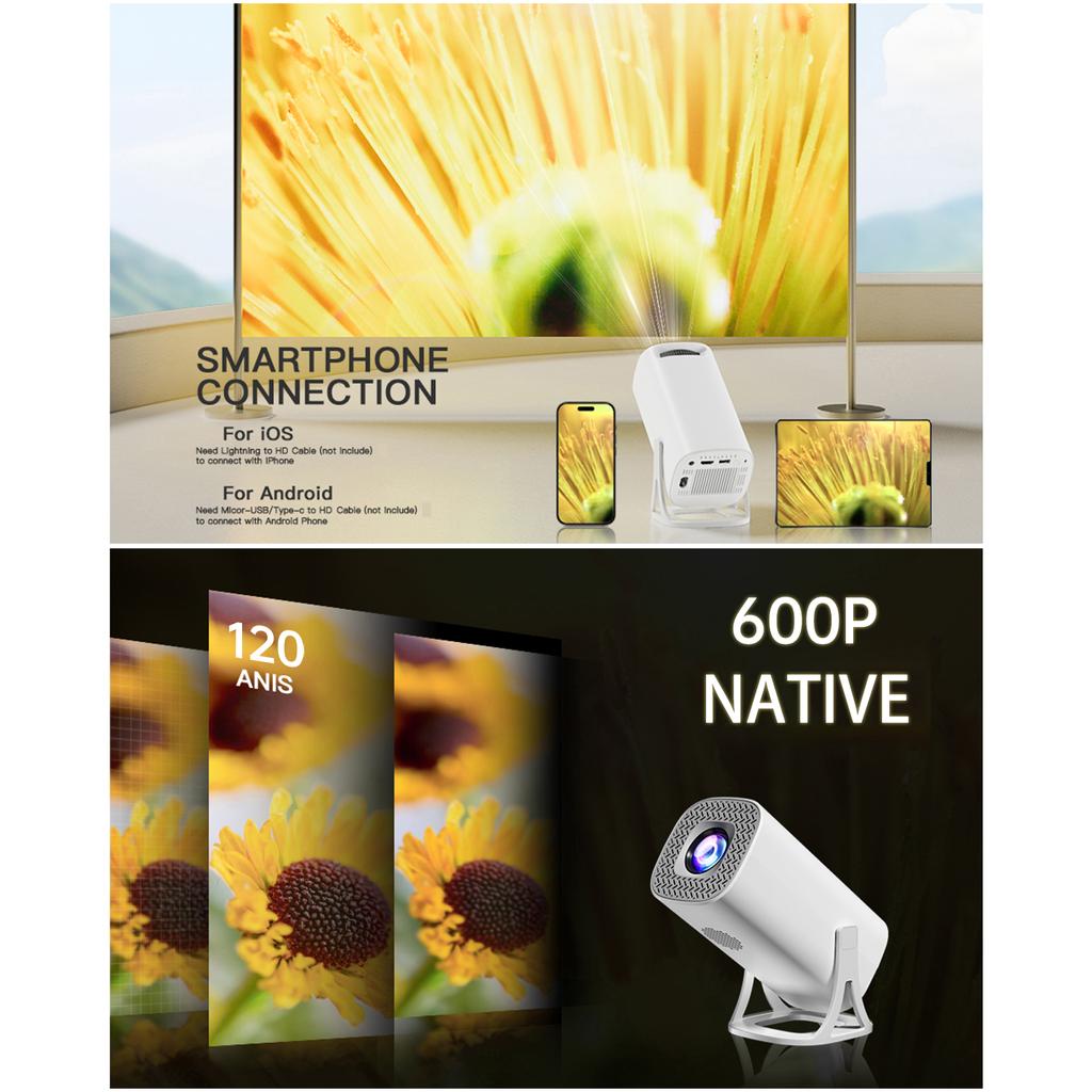 Proiettore 1080P WiFi BT5.2 Sistema Android 11 Proiettore per film ruotabile di 180 gradi con display da 120 pollici